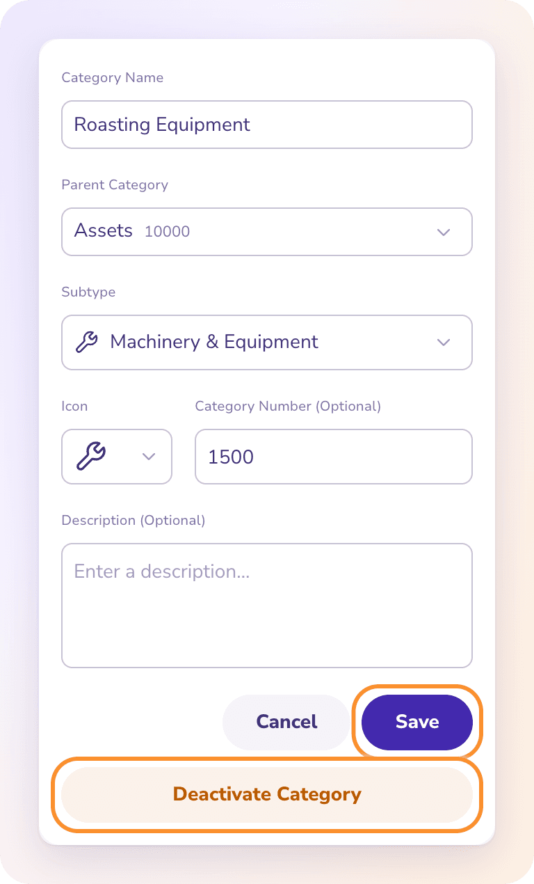Edit Category: change the fields and Save, or Deactivate Category