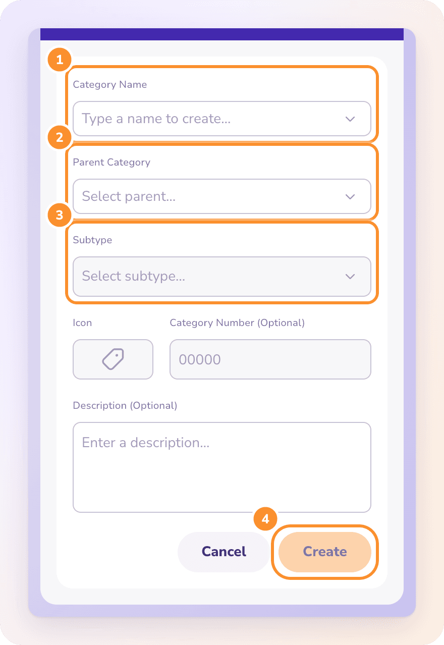 New Category: type a name, choose the parent and subtype, optionally a number and description, then Create