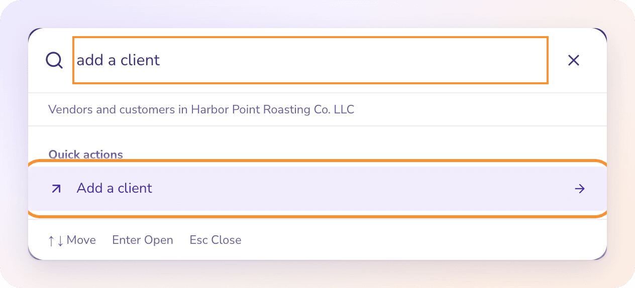 Search (Command-K) with “Add a client” under Quick actions