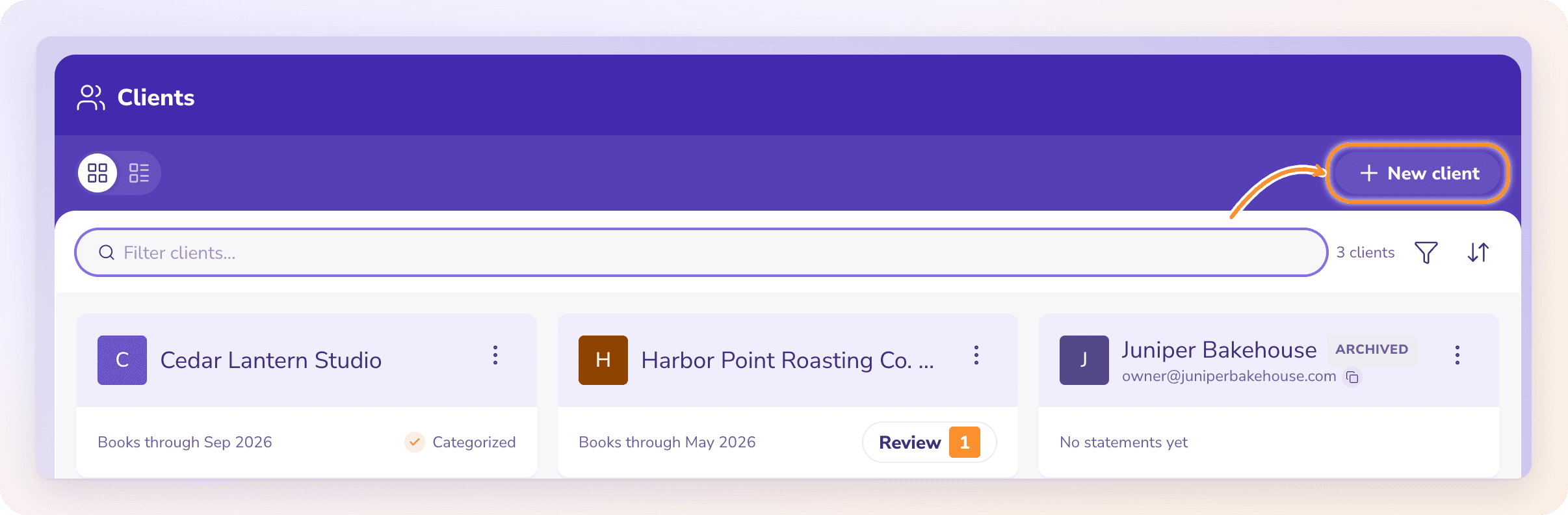 All Clients with the New client button, which opens the setup wizard for another business