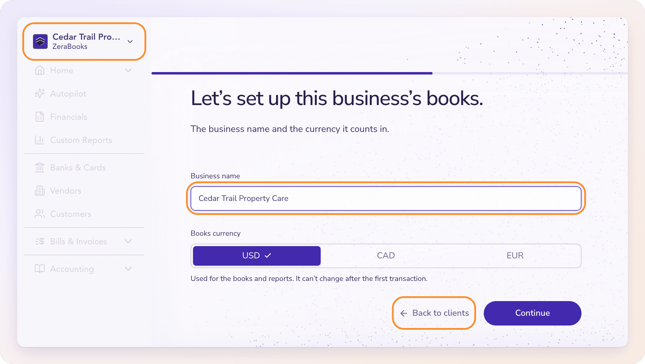 The setup wizard for a new client: the company menu shows the business being set up, and Back to clients leaves without adding it
