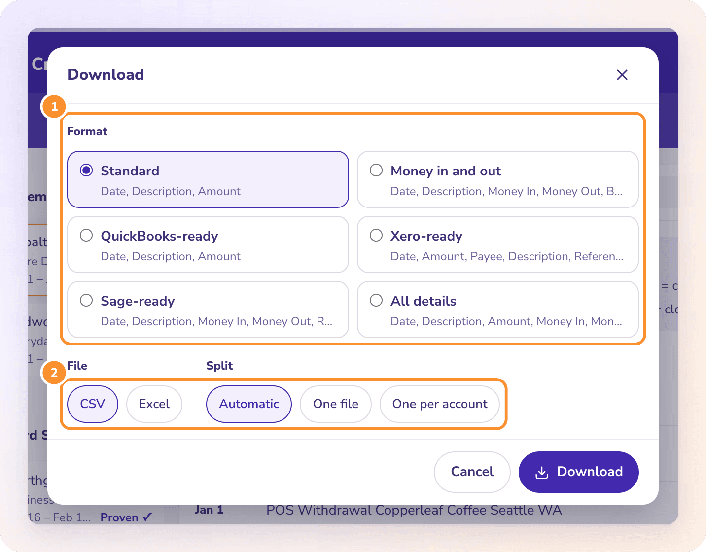 The Download dialog: choose a ready-made format such as Standard, QuickBooks-ready or Xero-ready, a file type and how to split the file.
