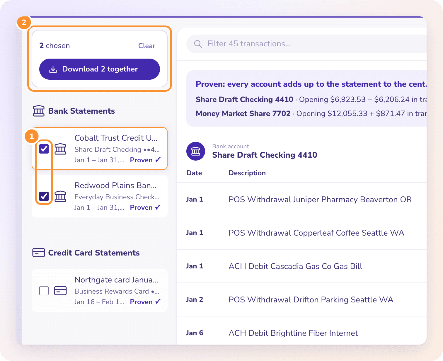Two statements ticked in the list: the box at the top says 2 chosen, with Clear and Download 2 together