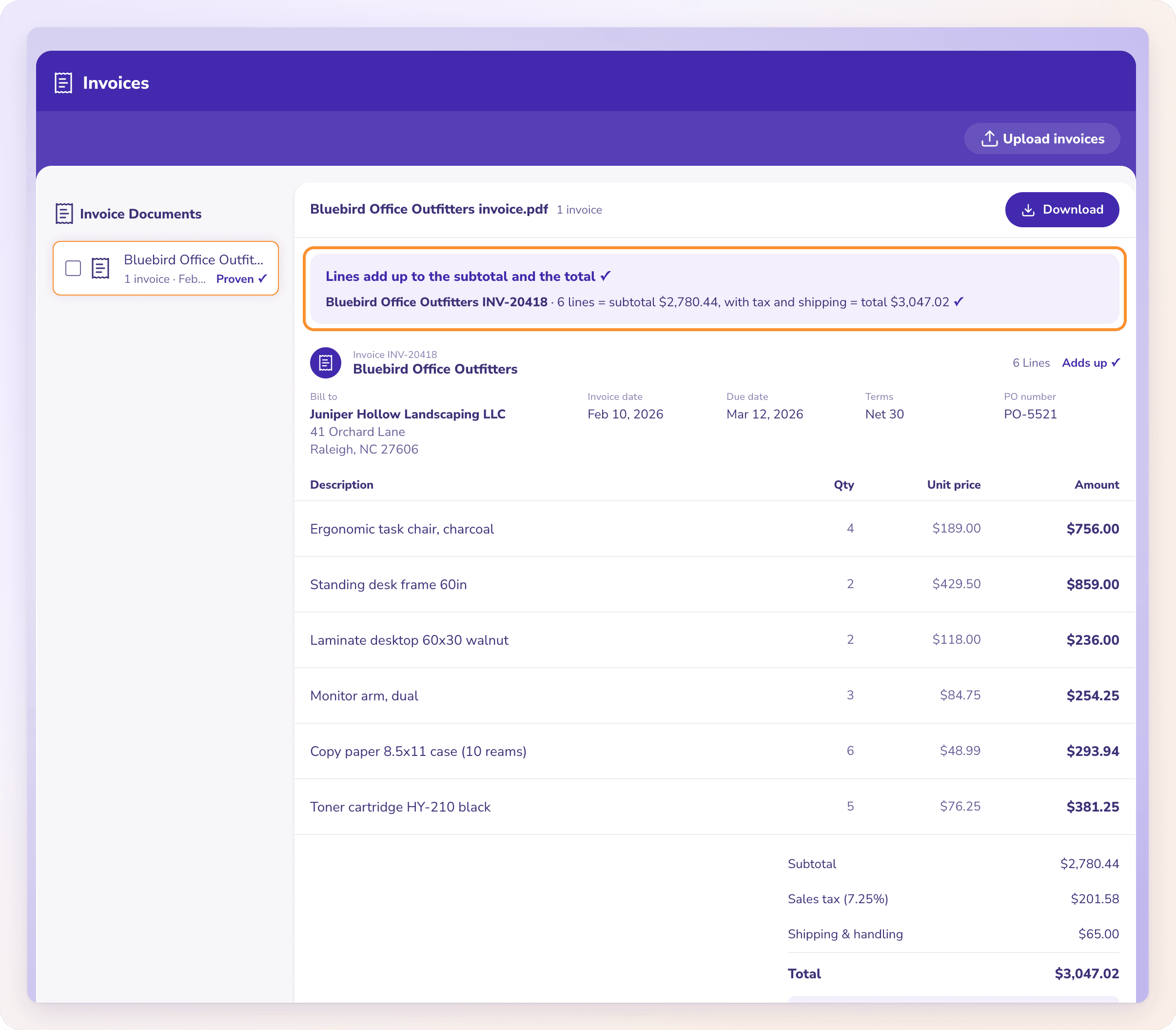 Invoices: the invoice’s vendor, dates and line items, proven against the invoice’s own totals