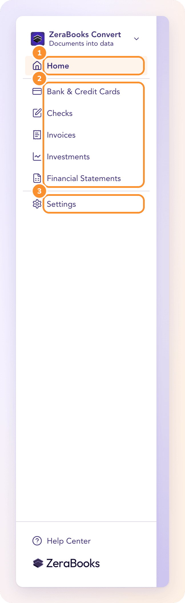 Convert’s left navigation: Home, one page for each kind of document, and the Help Center at the bottom