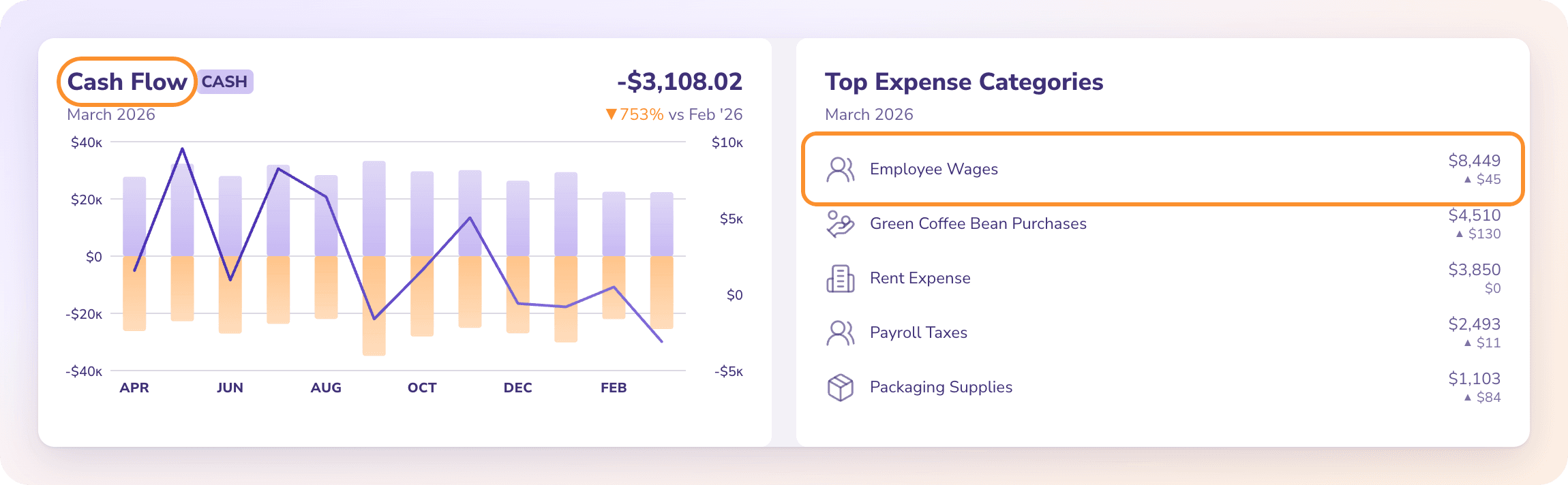 The Cash Flow card and Top Expense Categories, where each category opens its Ledger lines