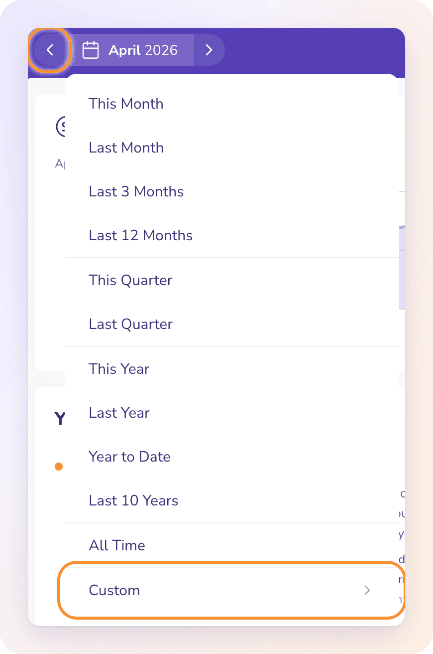 The period picker open: the arrow steps back a period; presets run from This Month to All Time, then Custom