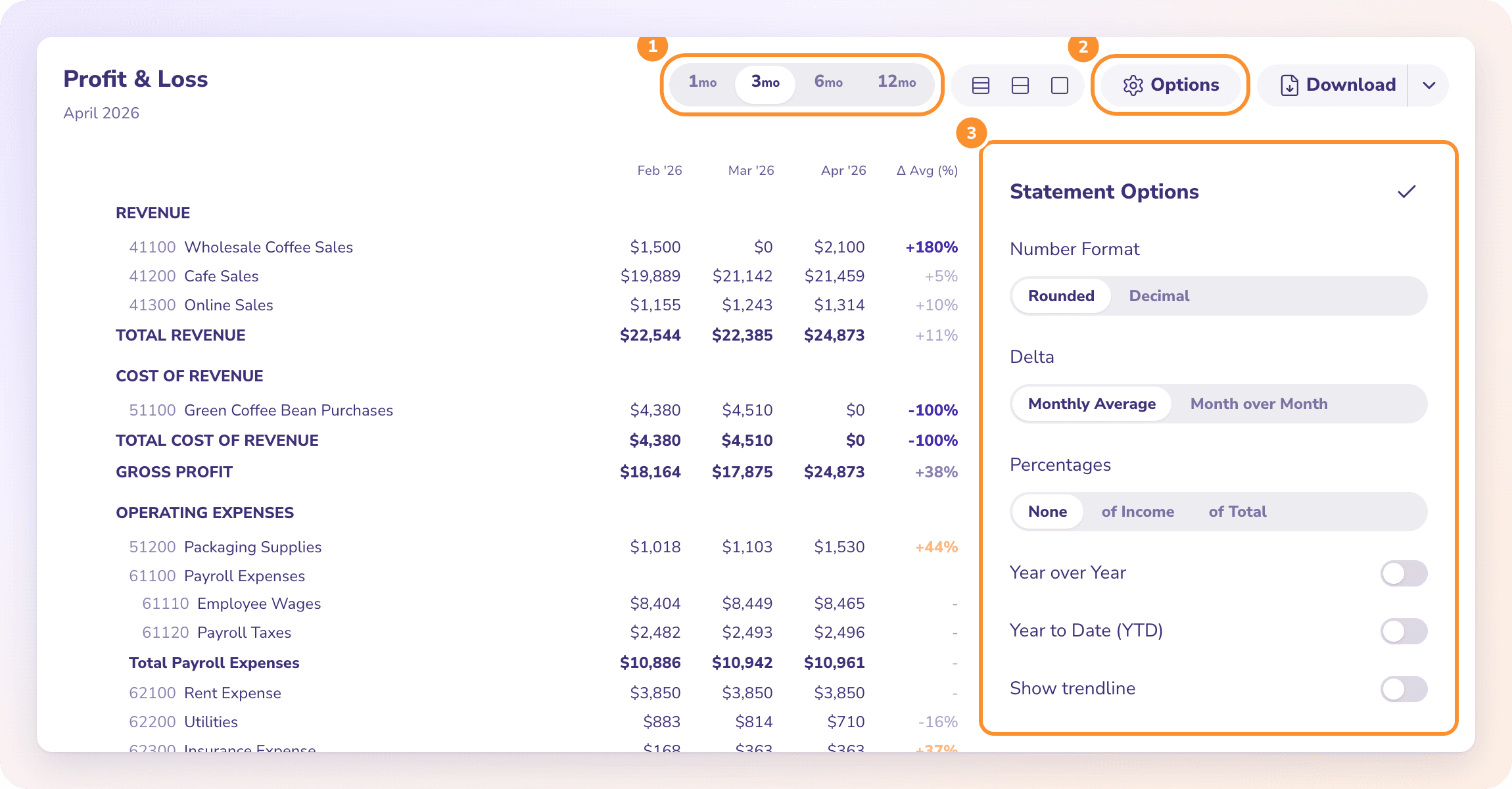 The Profit & Loss with the month pills and the Statement Options panel open: number format, delta, percentages and comparisons