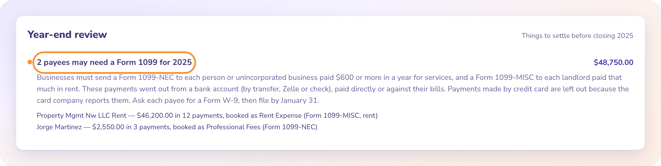 The Year-end review card for December 2025, listing the payees who may need a Form 1099