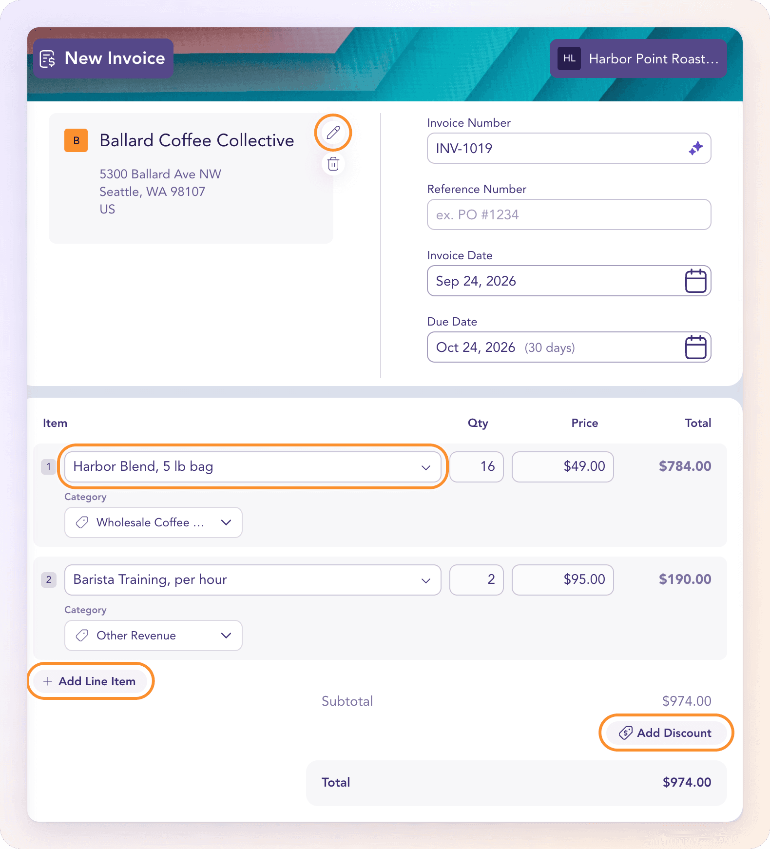A draft invoice: choose the customer, pick each line’s product or service, add lines and discounts