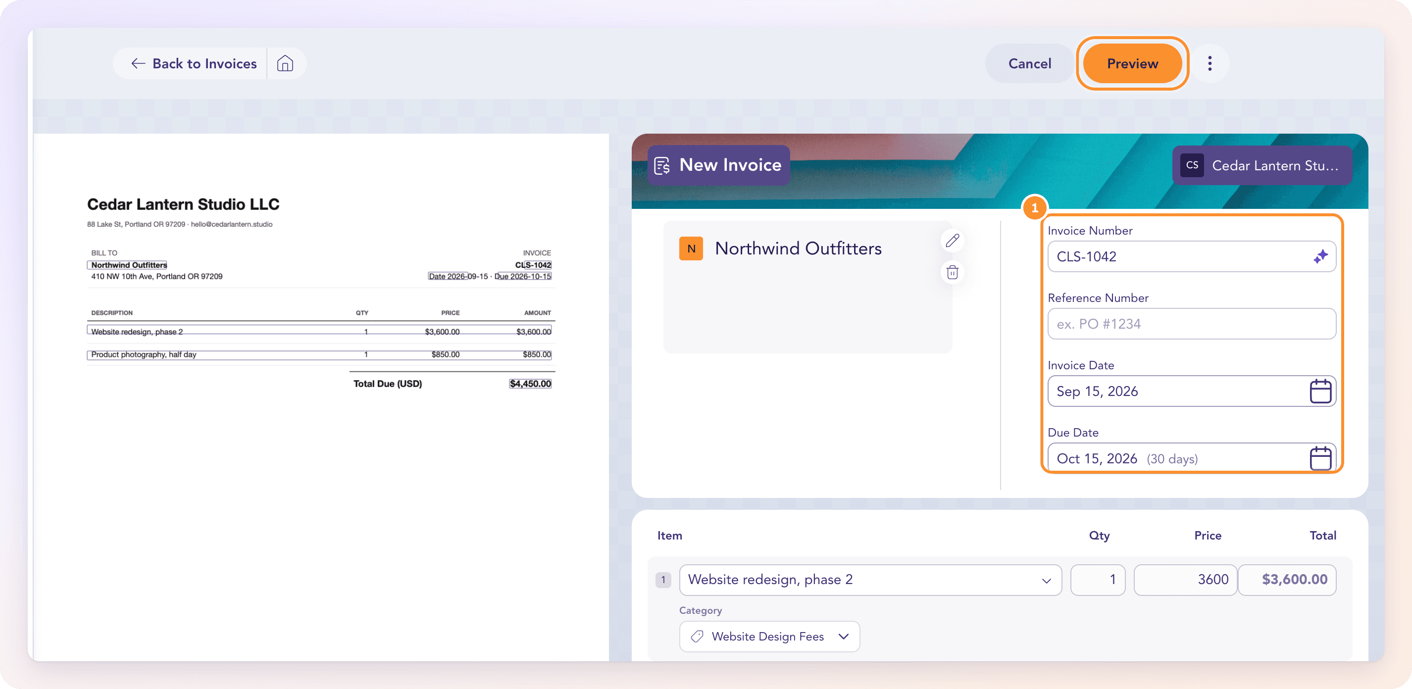 An uploaded invoice read into a draft: the original on the left; the customer, number, dates and lines filled in on the right, then Preview
