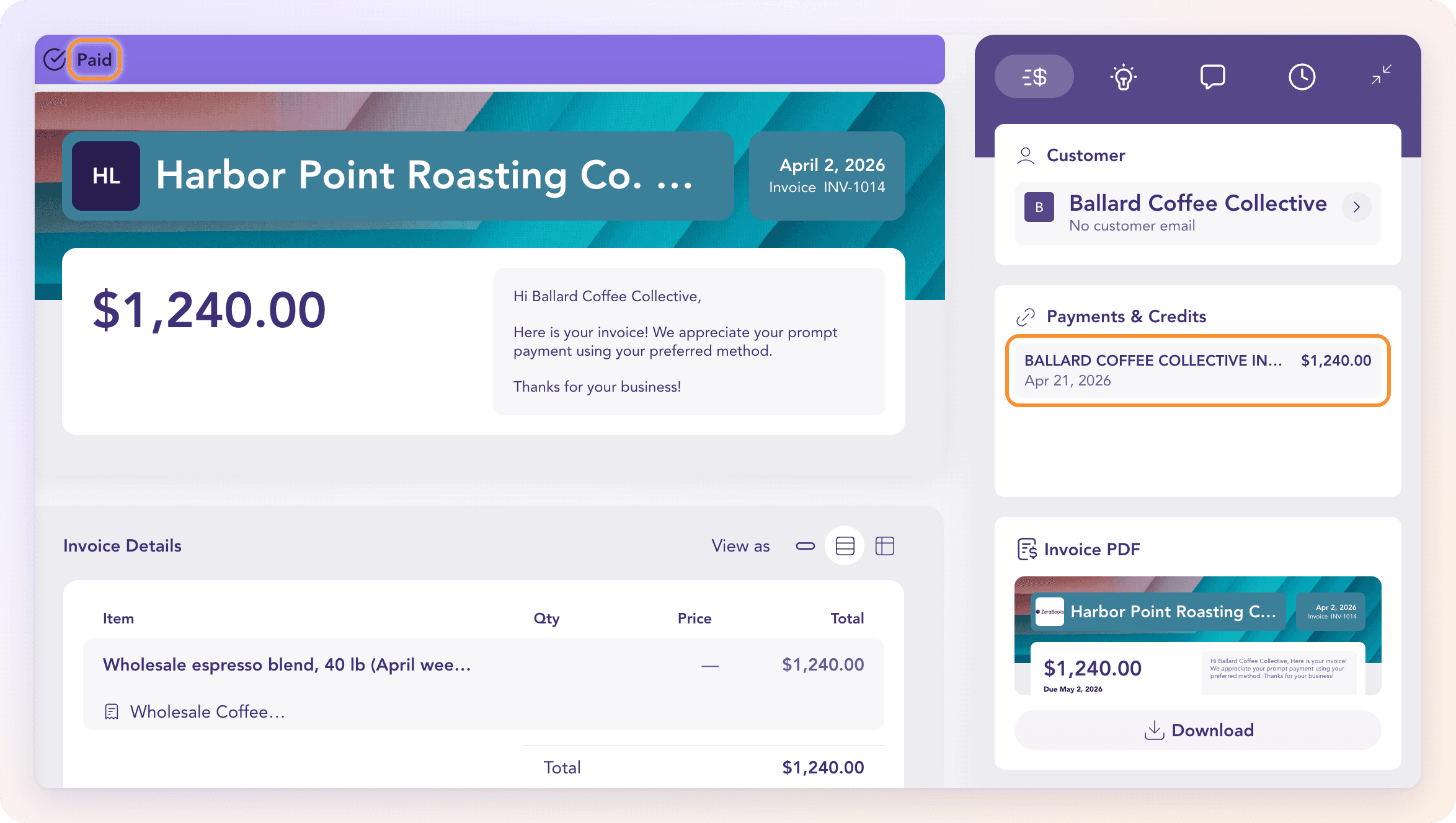 A paid invoice: the Paid banner and, under Payments & Credits, the one bank deposit that settled two invoices together