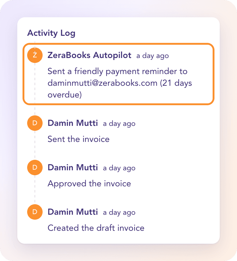 An overdue invoice’s Activity Log: ZeraBooks Autopilot sent a friendly payment reminder