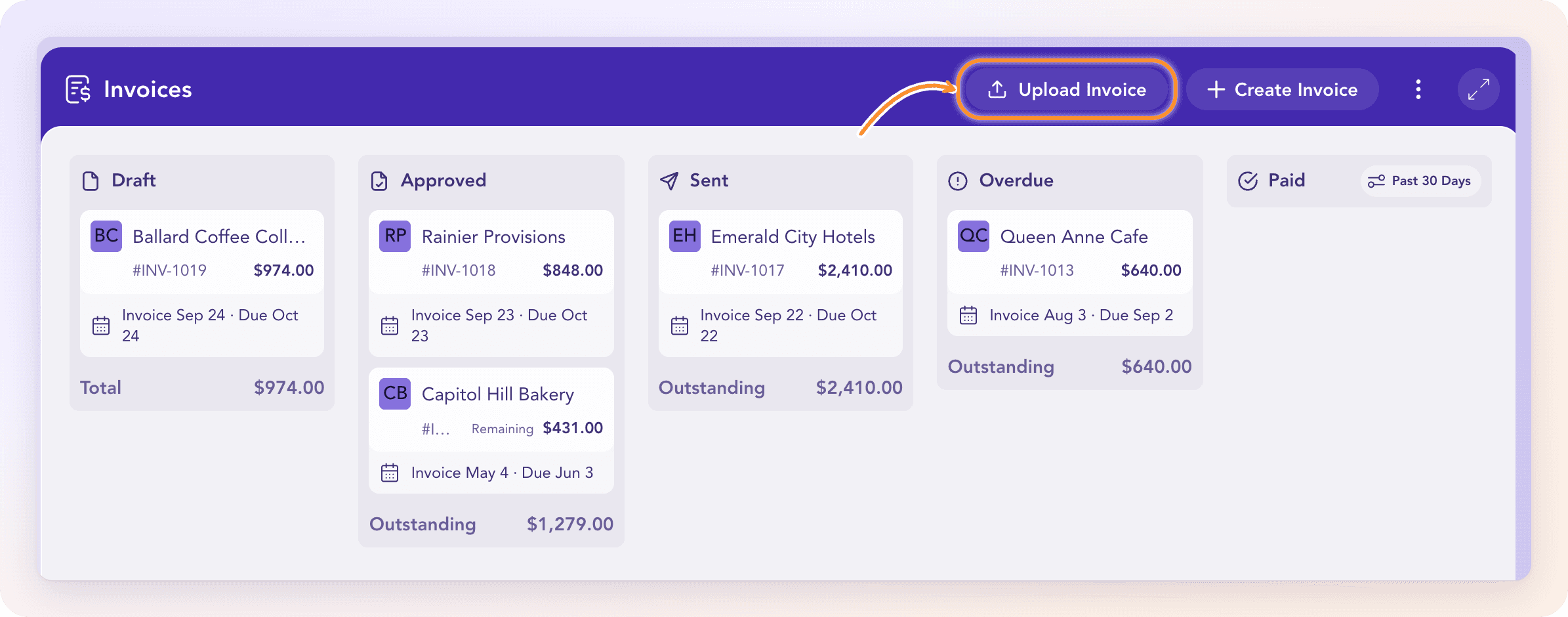 The Invoices header with Upload Invoice highlighted: ZeraBooks reads the file into a draft you review