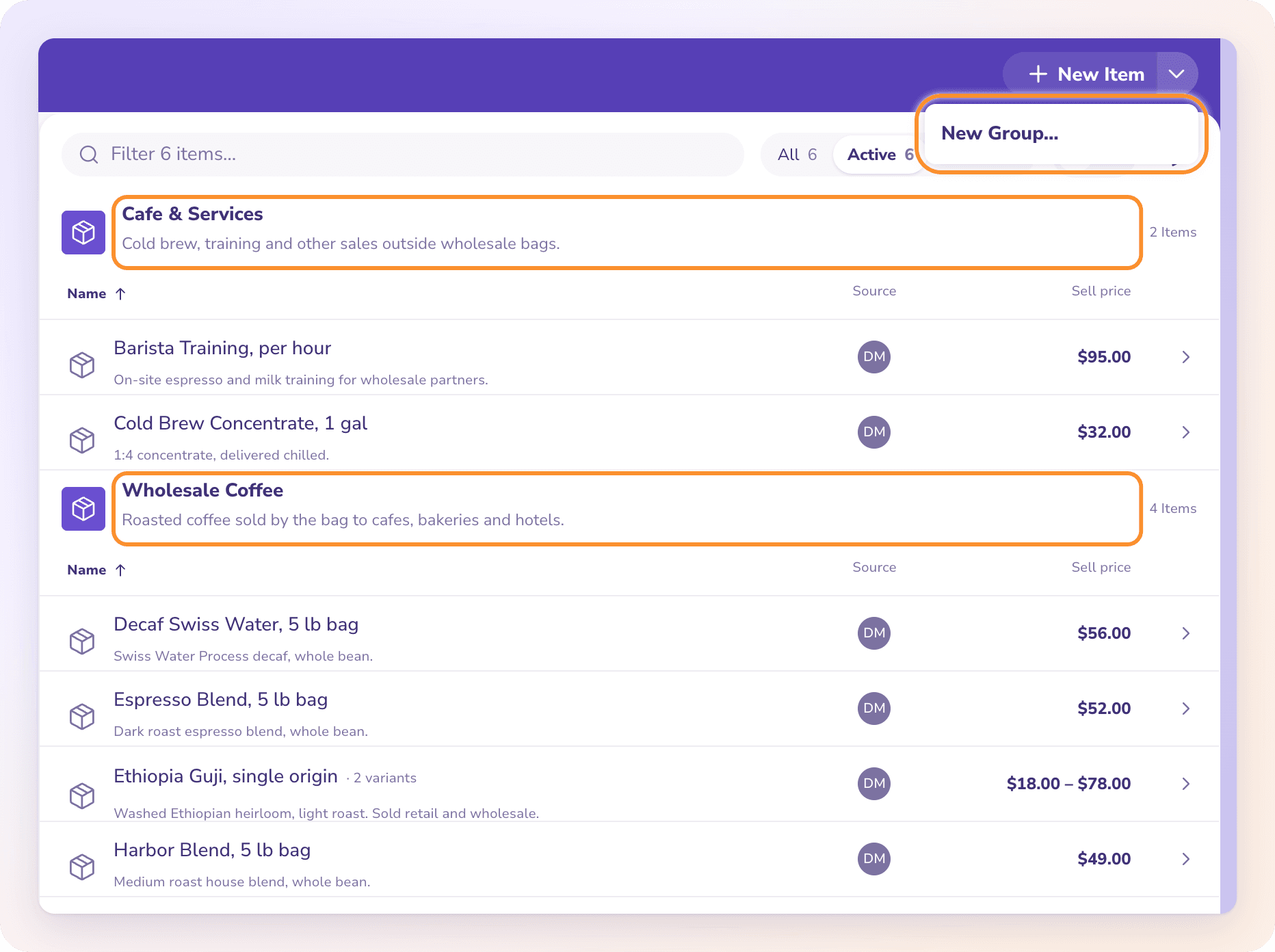 Products & Services grouped into Cafe & Services and Wholesale Coffee, with New Group in the New Item menu