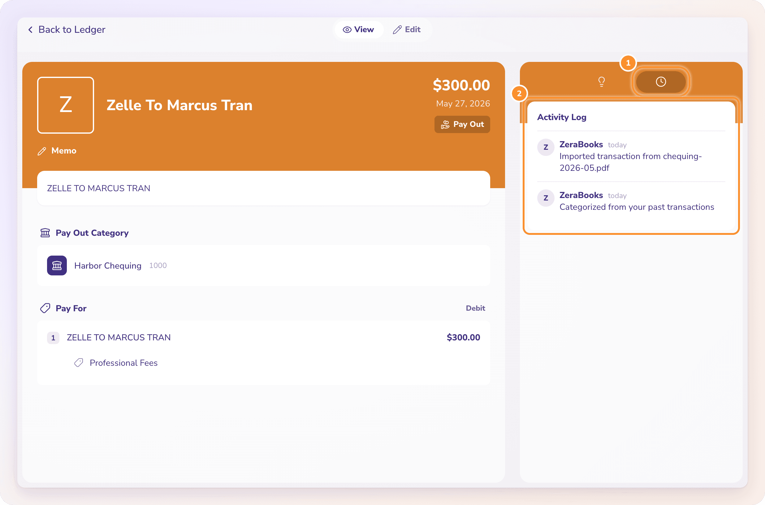 A transaction's details: the Pay For category on the left, and the Activity tab on the right showing how it was categorized