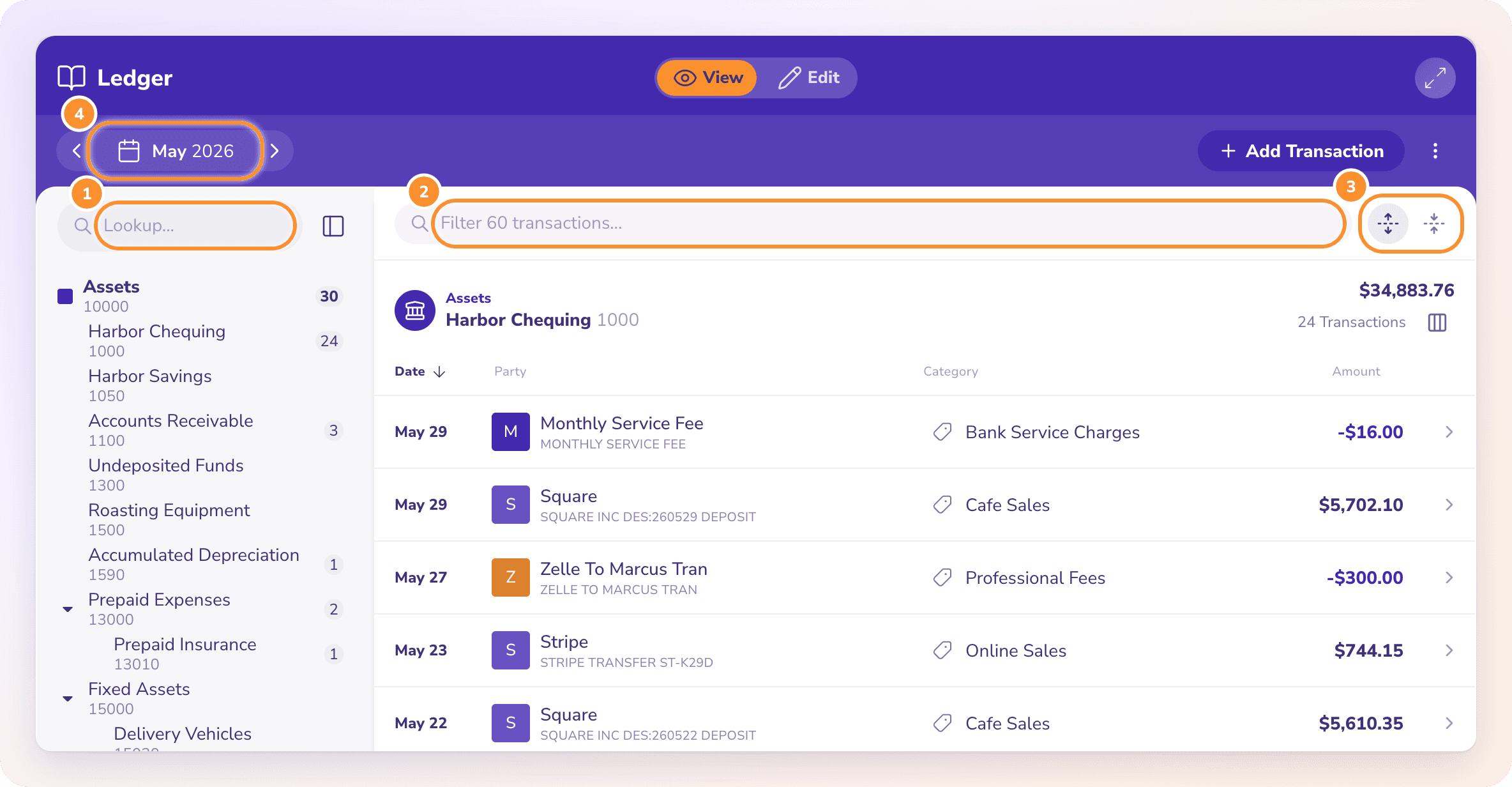 The Ledger: search the category rail, filter the transactions, and expand or collapse every account card