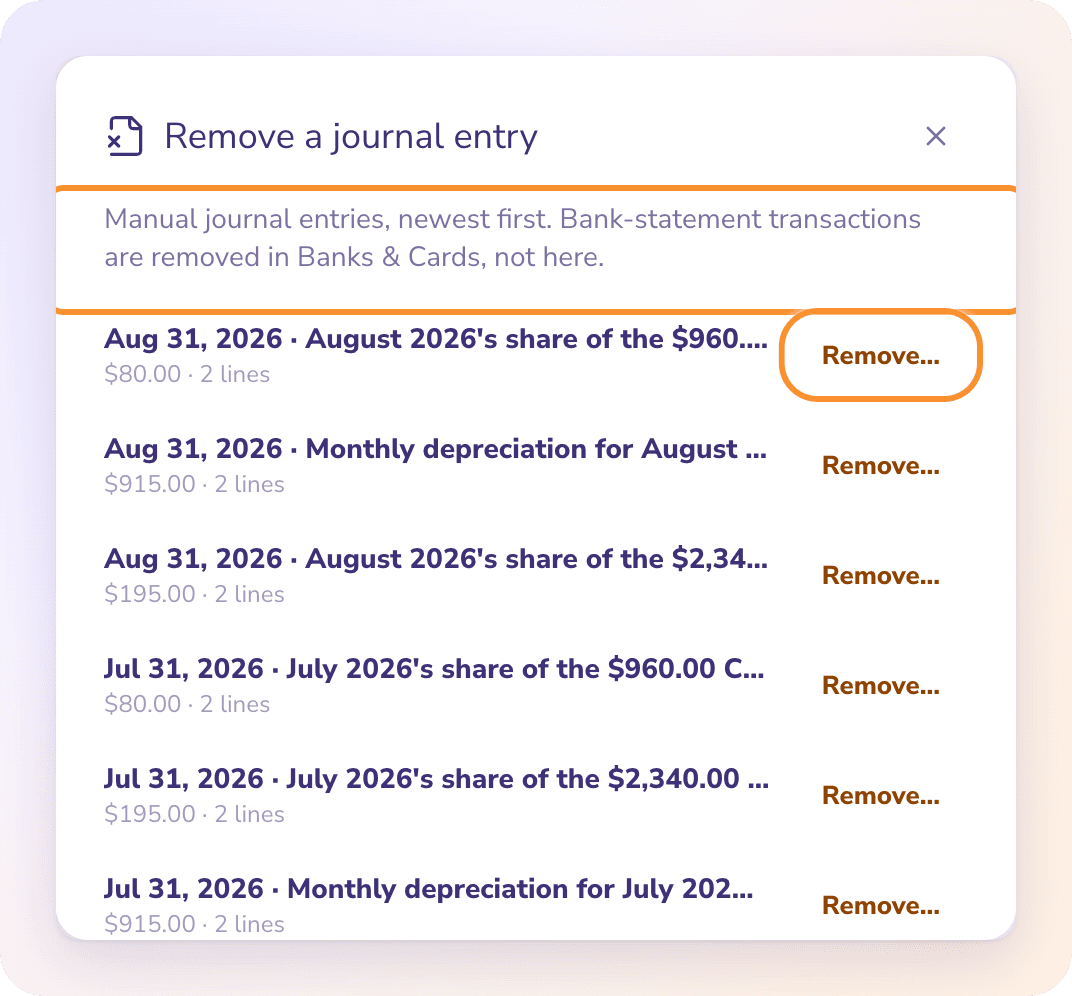 Ledger → Journal entry actions → Remove a journal entry…: manual journals, newest first, each with Remove…