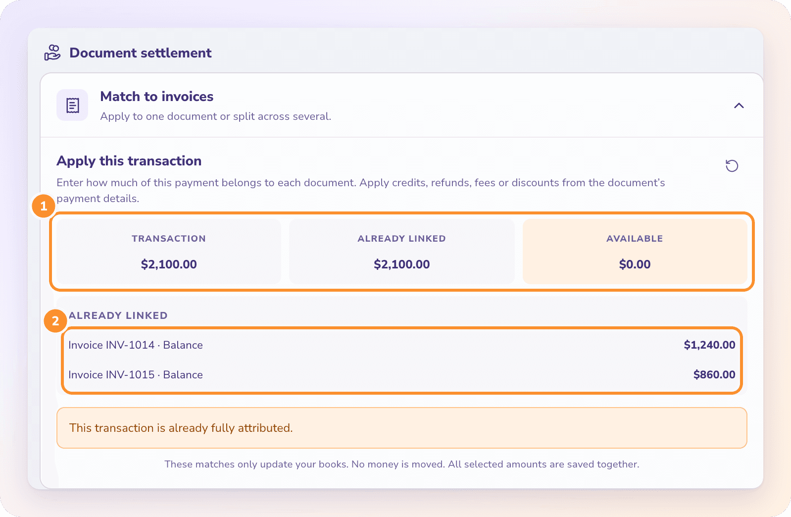 Document settlement in Edit mode: a $2,100 customer payment split across two invoices, INV-1014 ($1,240) and INV-1015 ($860), with $0.00 left available