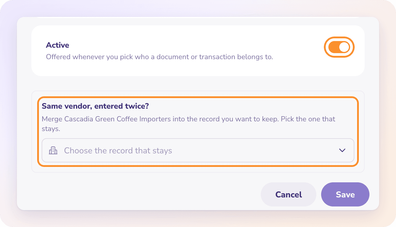 Editing a vendor: turn Active off to stop offering it, or merge a duplicate into the record that stays