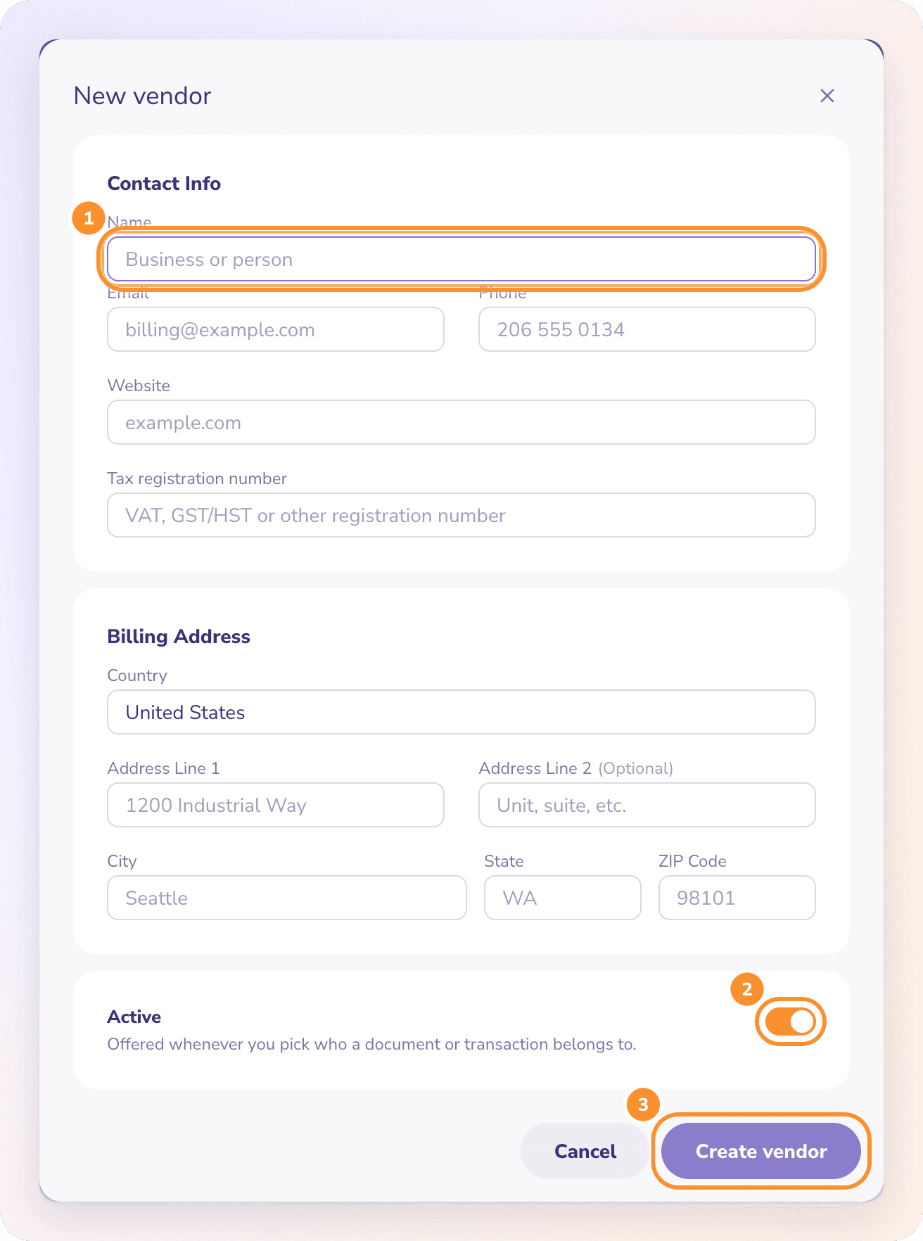 The New vendor form: name and contact details, billing address, the Active switch, then Create vendor