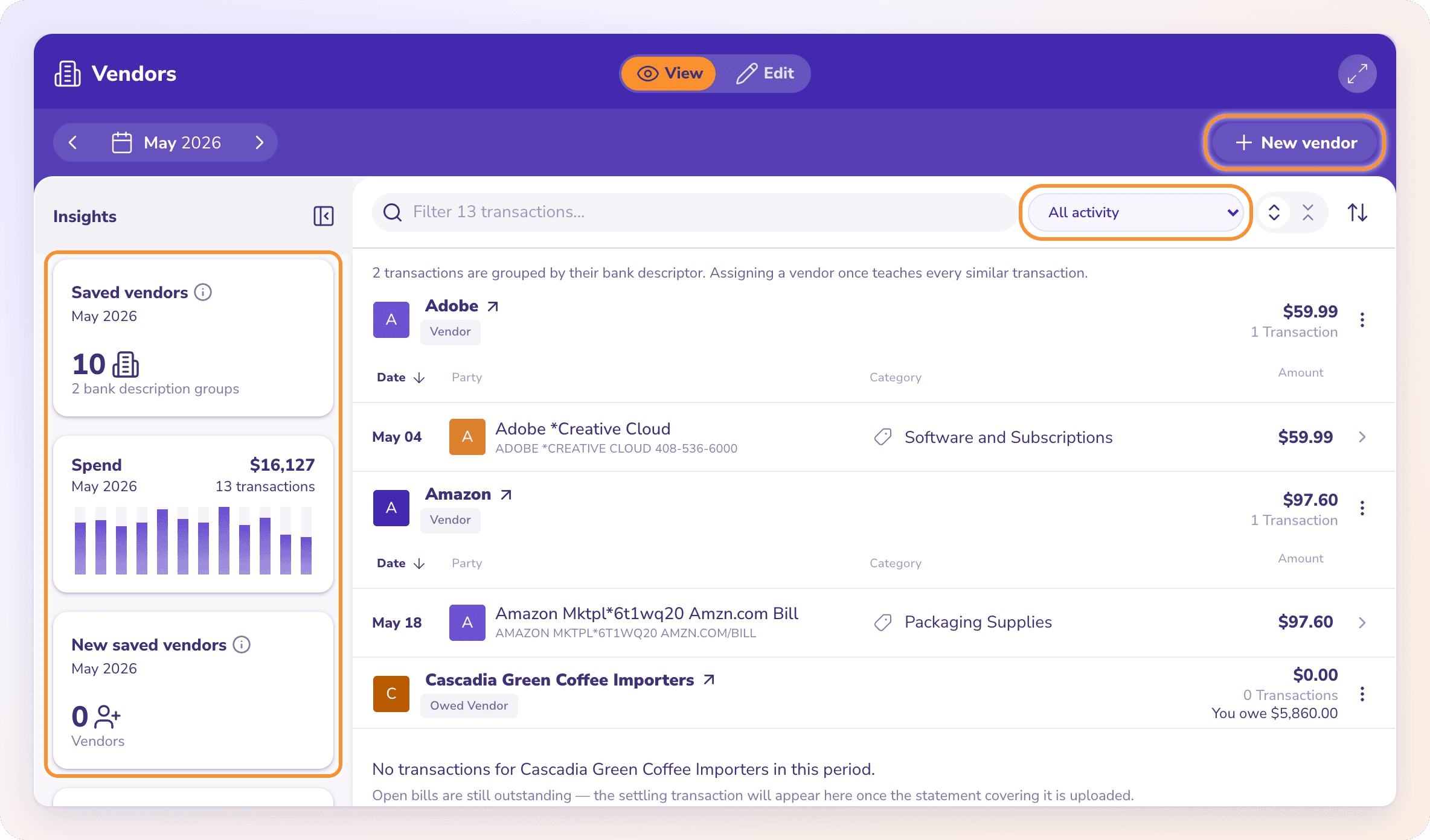 The Vendors page: the Insights rail with saved vendors, spend and what you owe, the activity filter, the period and New vendor