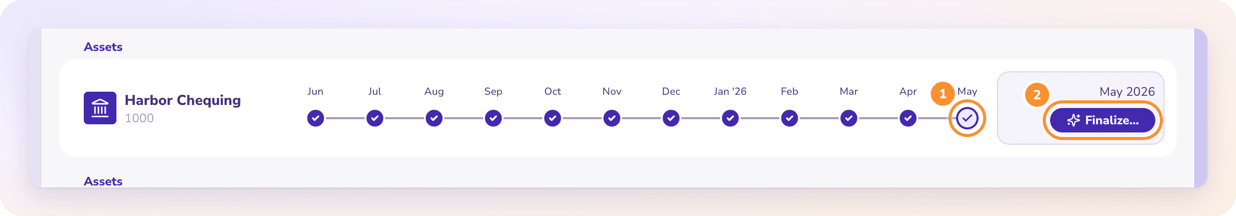A tied month on the Reconciliations timeline with its Finalize… button