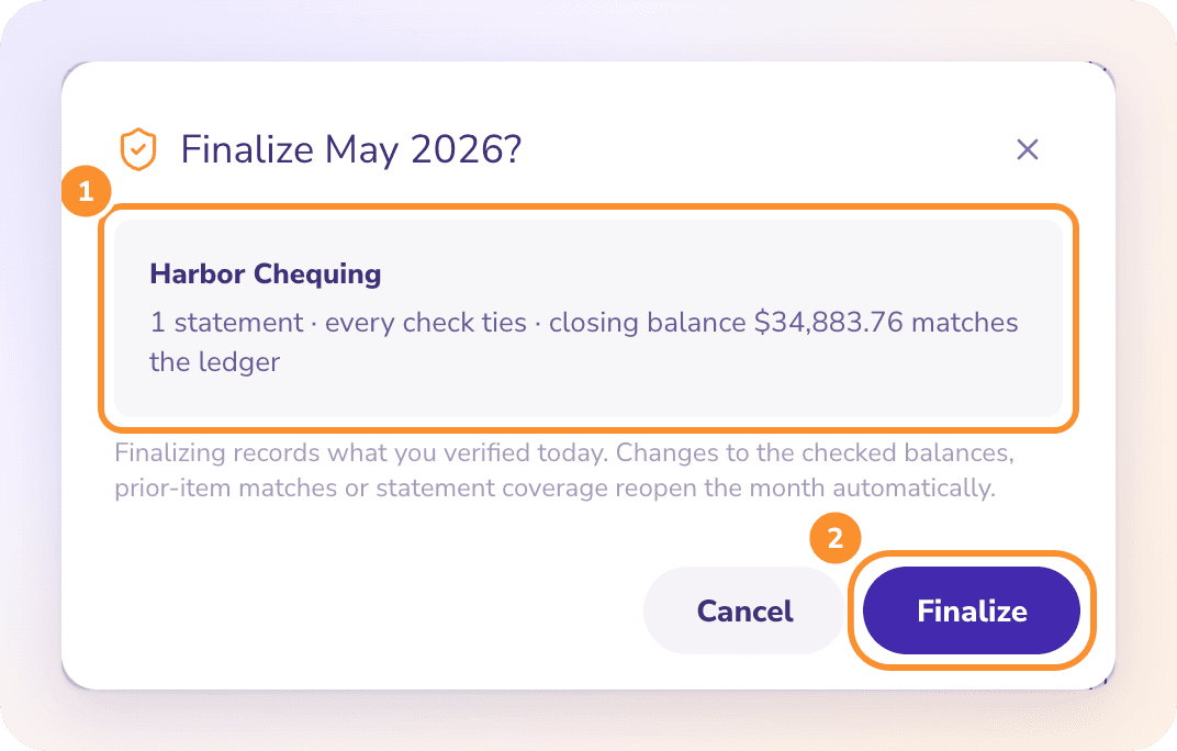 Finalize May 2026? The dialog confirms every check ties and the closing balance matches the ledger, then Finalize