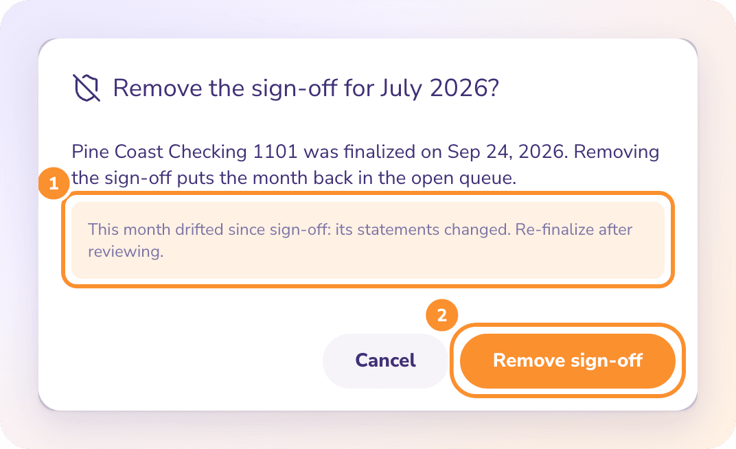 Reopened — review: the dialog names what changed since the sign-off, then Remove sign-off puts July back in the open queue