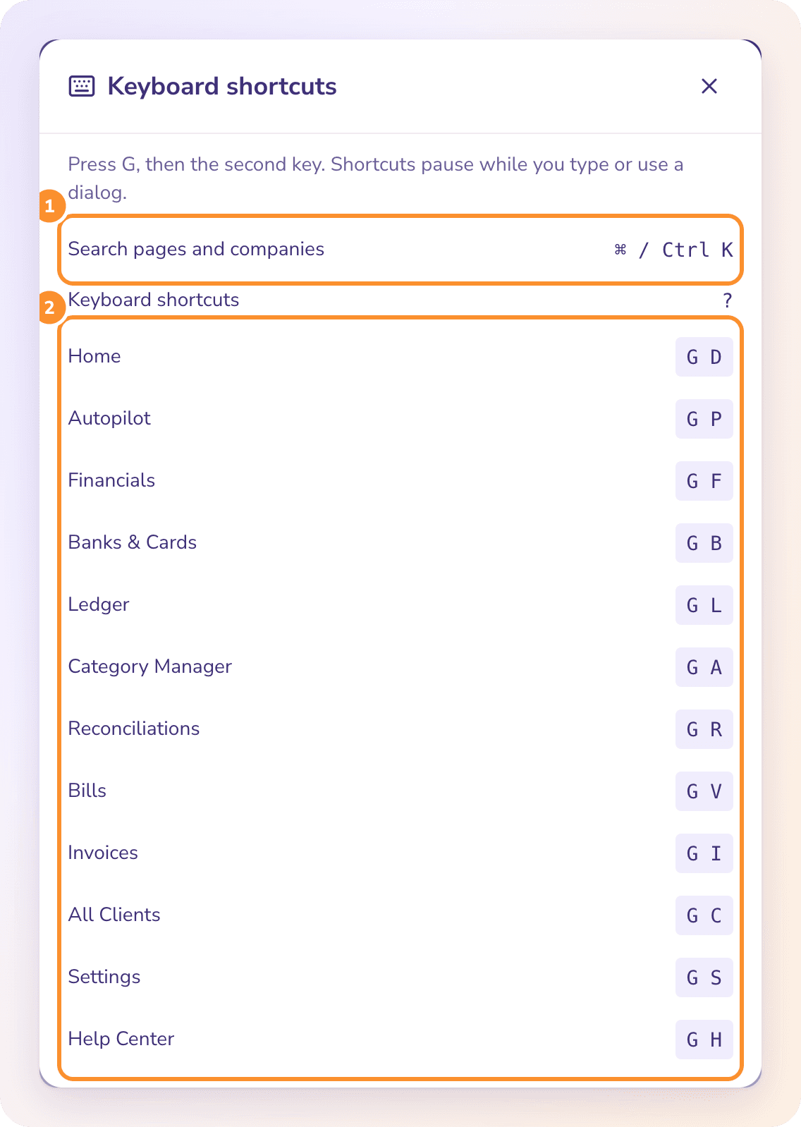 The keyboard shortcuts sheet (press ?): Command-K or Ctrl-K searches, and G then a letter opens each page