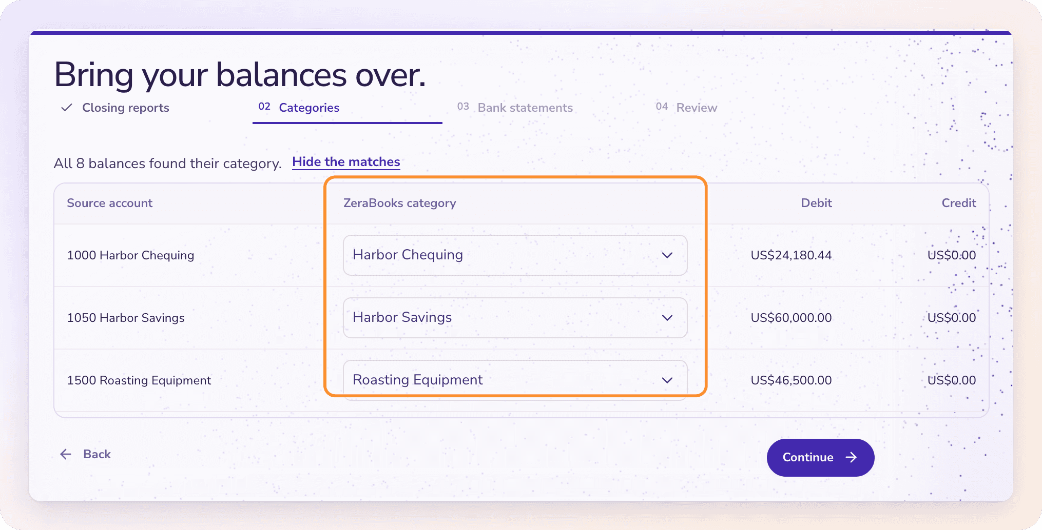 The Categories stage: all 8 closing balances found their ZeraBooks category; each match can be changed from its menu