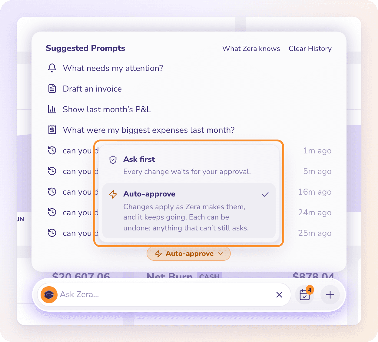 The approval switch, open: Ask first, or Auto-approve, each with a line on what it does