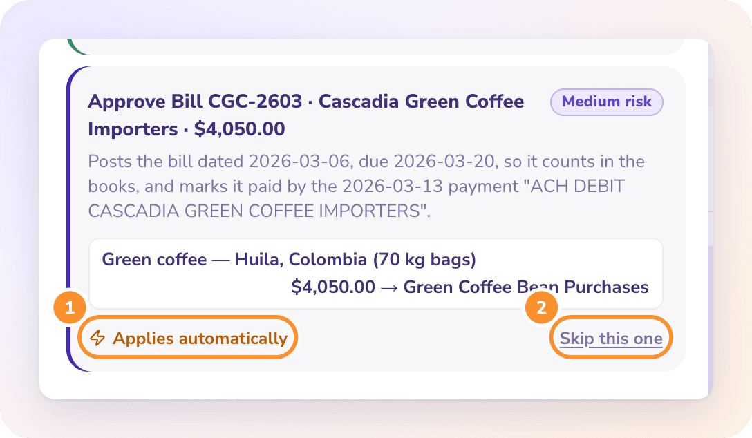 With Auto-approve on, a card Zera proposes says Applies automatically, with Skip this one