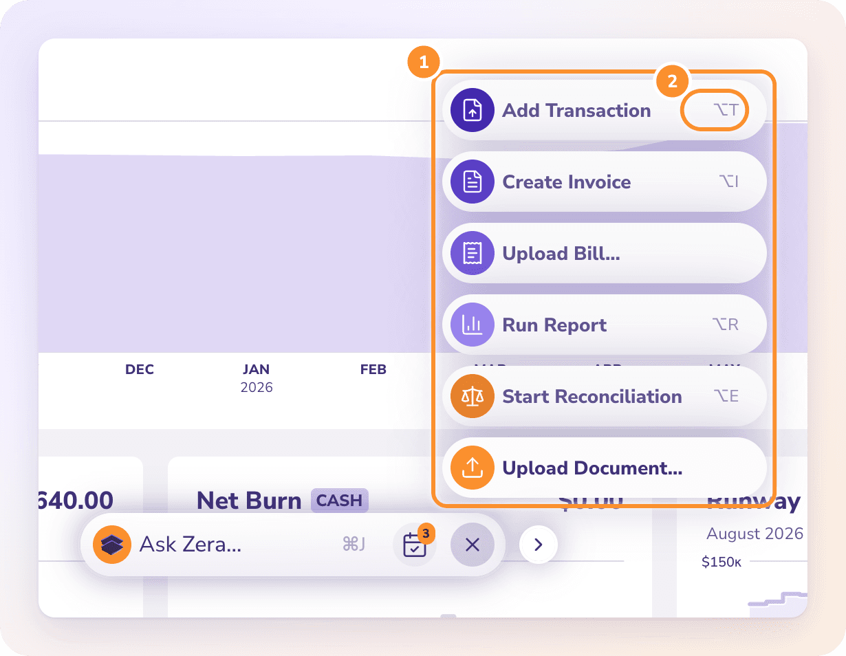 The + menu: Add Transaction, Create Invoice, Upload Bill…, Run Report, Start Reconciliation and Upload Document…