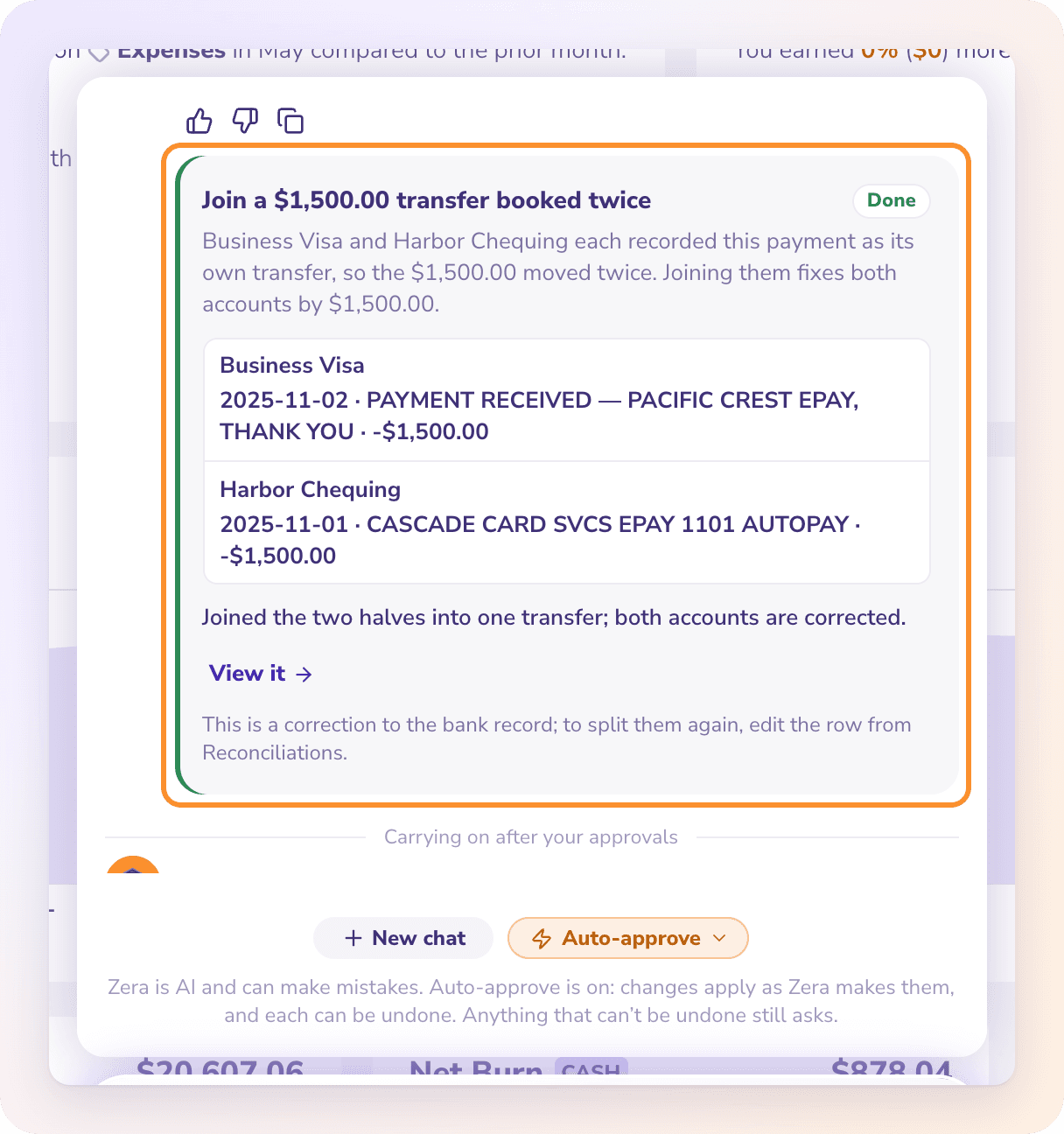 Zera finds a $1,500 card payment booked as two transfers and joins them so the month ties