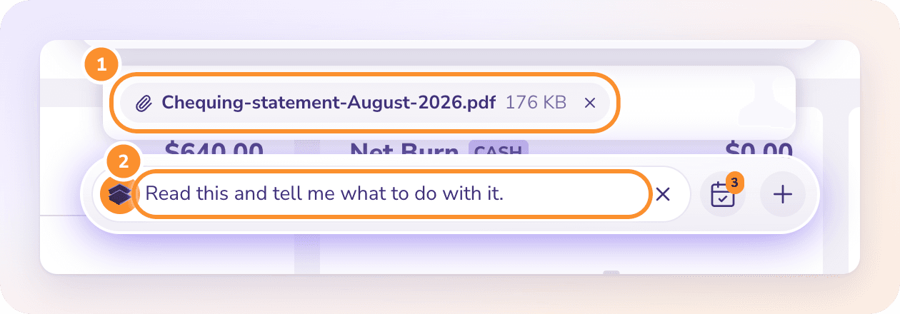 A file waiting in the bar with its name, size and × to remove it; it is read when you send