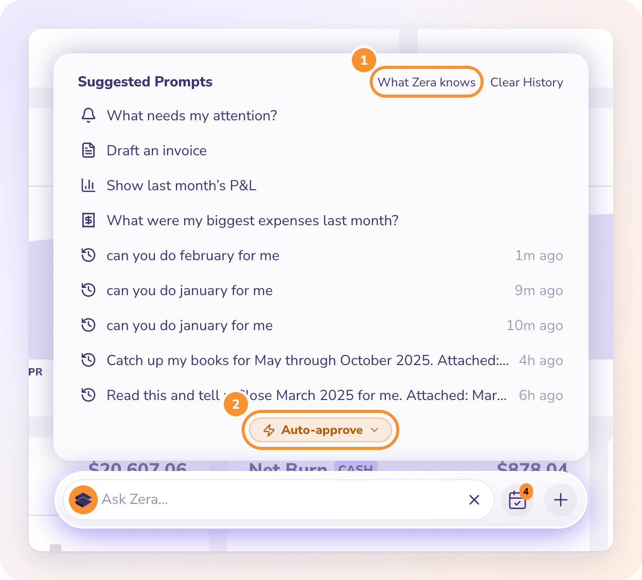 Suggested Prompts with What Zera knows beside Clear History, and the approval switch under them