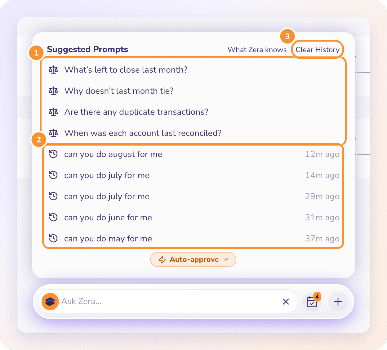 Suggested Prompts on Reconciliations: prompts for this page, your recent chats, and Clear History