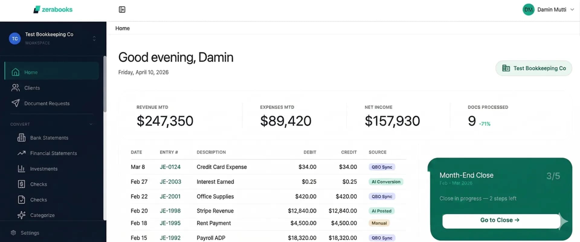 QuickBooks alternative dashboard inside Zera Books showing AI-categorized transactions and a live P&L
