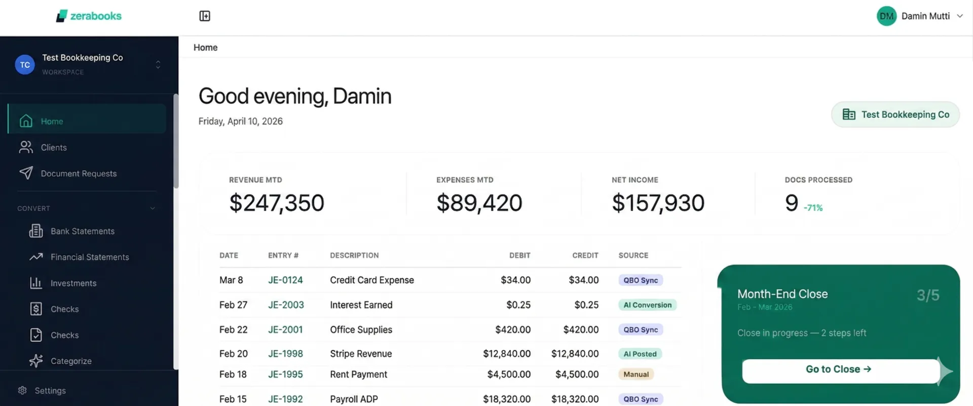 Accountant's Zera Books dashboard showing client KPIs, activity feed, and QBO connection